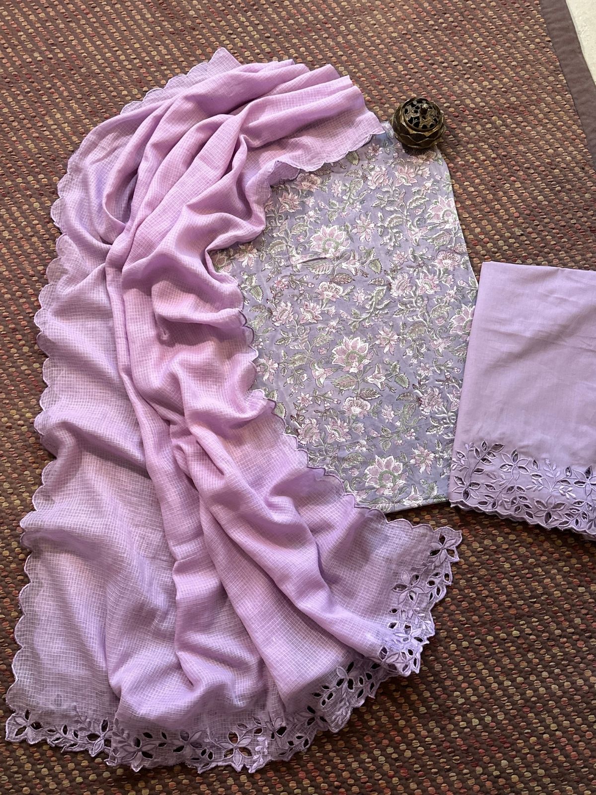 Pure Cotton Hand-blocked Fabric with Cutwork Bottom & Kota Doria Dupatta